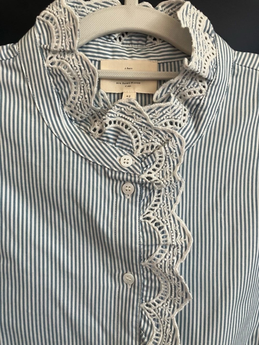 Sezane Chlo Blouse in ecru and blue pinstripes, size 10, 42 - Picture 2 of 5